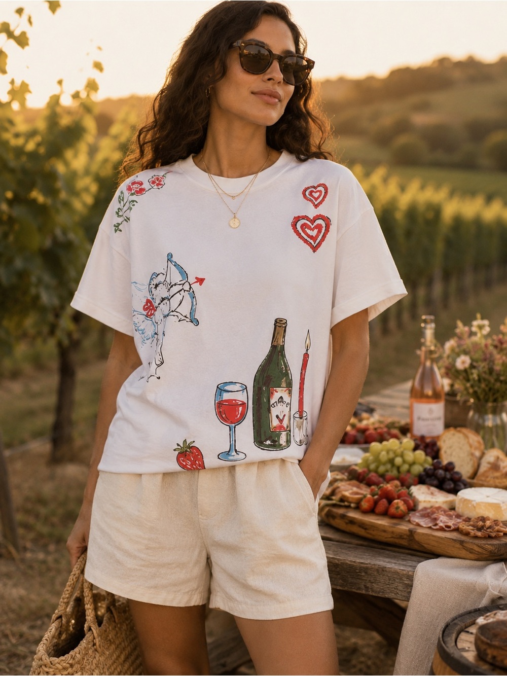 Anthropologie Valentine Boxy Graphic Tee White Cupid Hearts Size Small